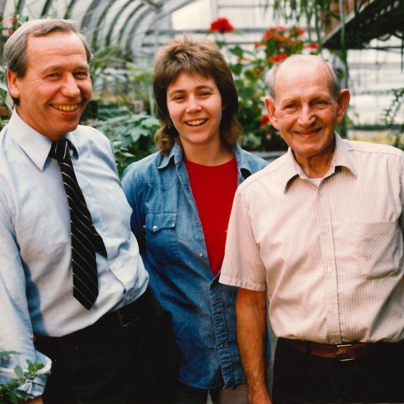 Greenhouse Staff - Approx. 1989 Karl Wimmi, Beverly Vogel (apprentice) and Roland Duffy, chief horticulturalist.